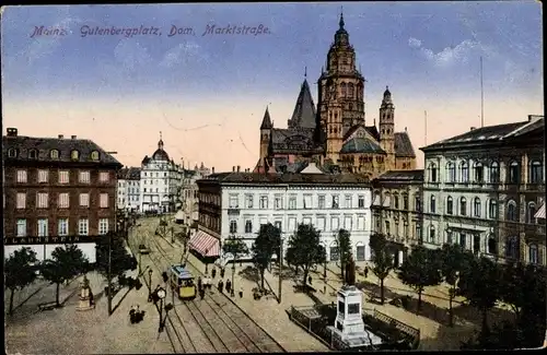 Ak Mainz am Rhein, Gutenbergplatz, Dom, Marktstraße, Straßenbahn