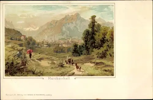 Litho Bad Reichenhall in Oberbayern, Hirte auf den Weg zur Stadt, Alpenblick, Ziegen