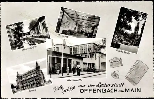 Ak Offenbach am Main Hessen, Messehalle, Eingang u. Inneres, Messecafé, Marienkirche, Schloss