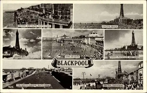 Ak Blackpool Lancashire England, Central Beach und Promenade, raue See, Turm