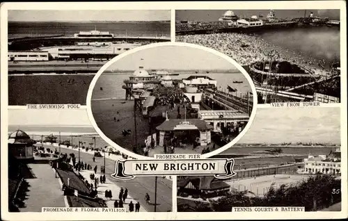 Ak New Brighton Wallasey England, Schwimmbad, Promenade Pier, Tennisplätze und Batterie