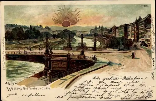 Sonnenschein Litho Wien, Stefaniebrücke bei Sonnenschein