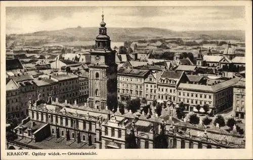 Ak Kraków Krakau Polen, Gesamtansicht, Glockenturm, Tuchhallen