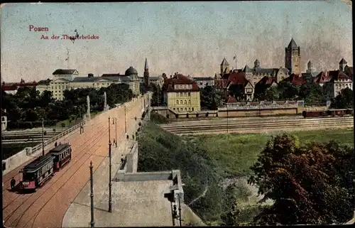 Ak Poznań Posen, An der Theaterbrücke, Straßenbahn