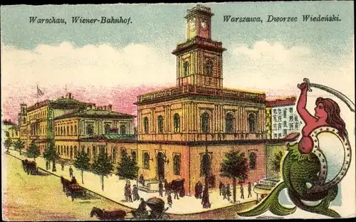 Ak Warszawa Warschau Polen, Wiener Bahnhof, Wappen, Meerjungfrau mit Schwert und Schild