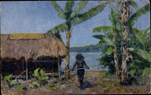 Künstler Ak Peter Paul Müller, Papua Neuguinea, Einheimischer vor Hütte, Palmen, Kolonialkriegerdank