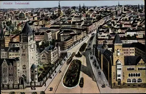 Ak Poznań Posen, Totalansicht, Straßenbahn