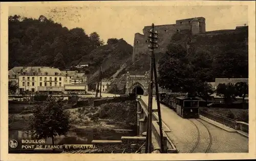 Ak Bouillon Wallonien Luxemburg, Pont de France et Chateau, Tunnelausfahrt, Straßenbahn