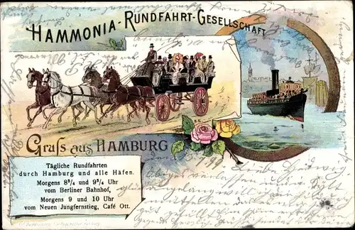 Litho Hamburg, Hammonia Rundfahrt Gesellschaft, Kutsche, Dampfer