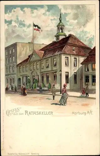 Litho Hamburg Harburg an der Elbe, Ratskeller, Straßenpartie, Passanten