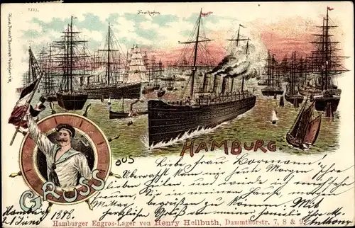 Litho Hansestadt Bremen, Partie im Freihafen, Dampfer, Segelschiffe, Seemann mit Fahne