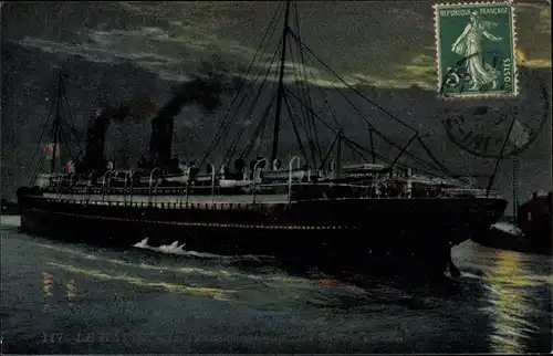 Ak Le Havre Seine Maritime, Transatlantique La Savoie, Schiff bei Nacht