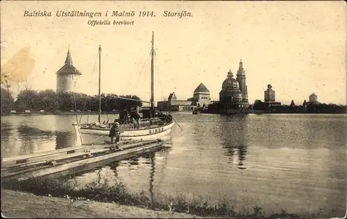 Ak Malmö Schweden, Baltiska Utställningen 1914, Storsjön, Segelschiff