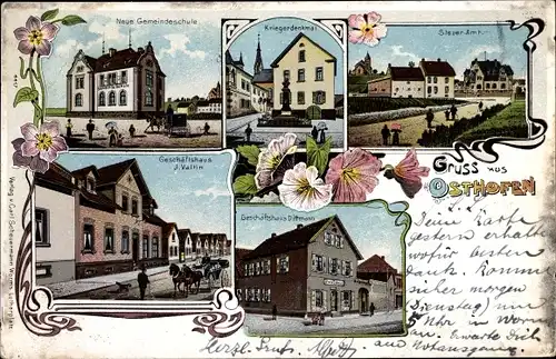 Litho Osthofen in Rheinhessen, Geschäftshaus Dittmann, Valtin, Kriegerdenkmal, Gemeindeschule