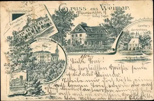 Litho Weimar in Thüringen, Belvedere, Ettersburg, Schloss Tiefurt, Goethe's Gartenhaus