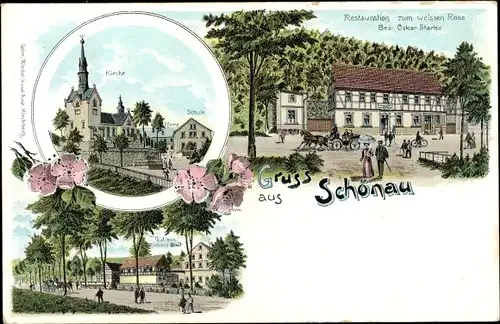 Litho Schönau Berzdorf auf dem Eigen Sachsen, Kirche, Schule, Restauration zum weißen Ross