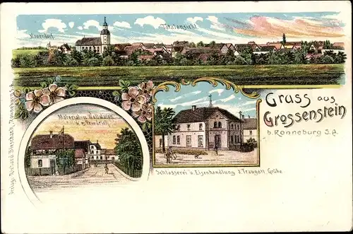 Litho Großenstein in Thüringen, Gesamtansicht, Geschäft E. Friedrich, Schlosserei Traugott Grube