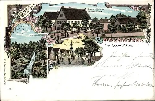 Litho Braunsroda (bei Eckartsberga) Wischroda im Burgenlandkreis, Wasserfall, Dorfstraße, Gasthaus