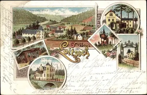 Litho Loitzsch Gera in Thüringen, Kuranstalt, Brücke, Gesamtansicht