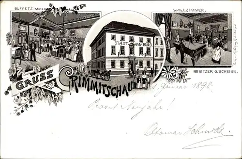 Litho Crimmitschau in Sachsen, Gasthaus Stadt Hamburg, Spielzimmer, Buffetzimmer