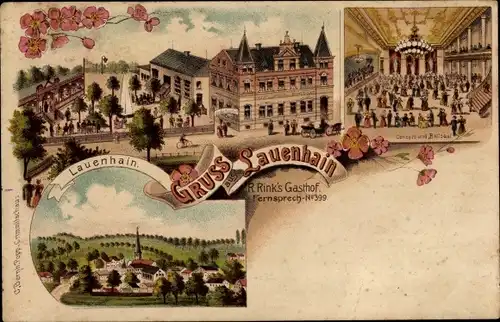 Litho Lauenhain Crimmitschau in Sachsen, Gesamtansicht, Gasthof, Saal