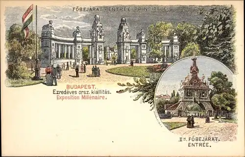 Ganzsachen Künstler Litho Dörret, Budapest Ungarn, Millennium Ausstellung, Föbejarat Entree