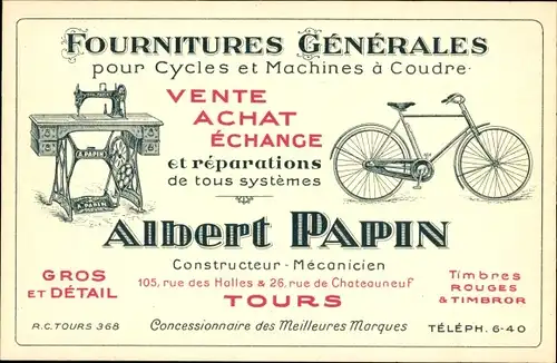 Ak Allgemeiner Bedarf für Fahrräder und Nähmaschinen, Hersteller Albert Papin