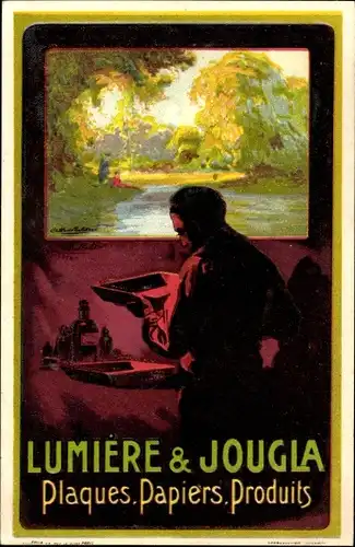 Künstler Ak Lumière & Jougla Reklame, Teller, Papiere, Produkte