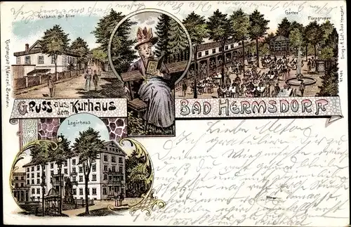 Litho Jerzmanice Zdrój Bad Hermsdorf Schlesien, Kurhaus, Logierhaus, lesende Frau