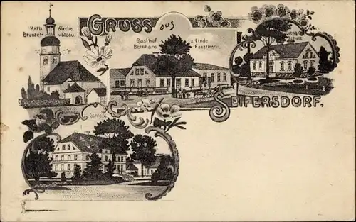Litho Seifersdorf Niederschlesien, Kirche Brunzelwaldau, Gasthof zur Linde, B. Faustmann, Schule