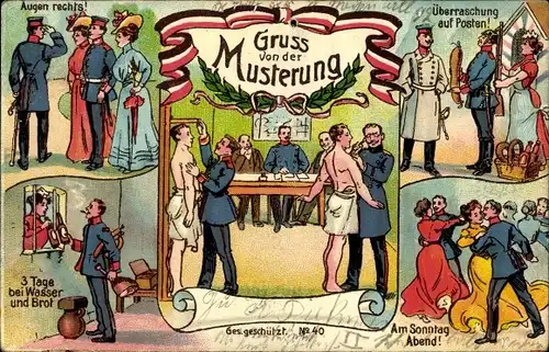 Künstler Ak Gruß von der Musterung, Infanterie, Tauglich, Überraschung auf Posten
