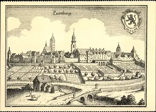 Künstler Ak Merian, Leonberg in Württemberg, Panorama, Jahr 1652