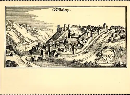 Künstler Ak Merian, Wildberg im Schwarzwald Württemberg, Panorama ums Jahr 1652