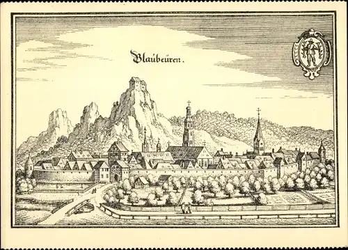 Künstler Ak Merian, Blaubeuren in Württemberg, Stadtansicht ums Jahr 1652