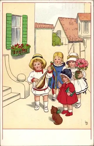 Künstler Ak Döring, Lia, Geburtstag, Kinder mit Blumen, Laute, Dackel, Meissner Buch 2301