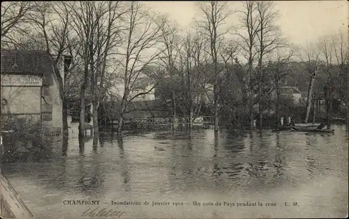 Ak Champigny Haute Marne, Inondations de janvier 1910, Un coin du Pays pendant la crue