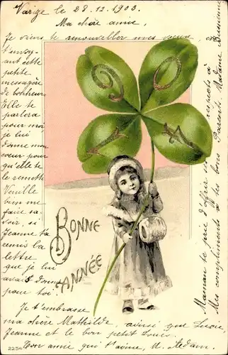 Litho Glückwunsch Neujahr 1904, Mädchen mit Glücksklee