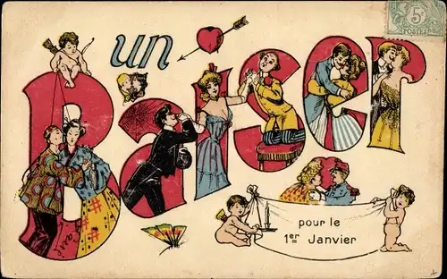 Ak Glückwunsch Neujahr, Liebespaare, Kuss, 1. Januar