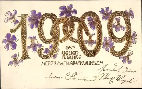 Präge Litho Glückwunsch Neujahr, Jahreszahl 1909, Hufeisen, Veilchen