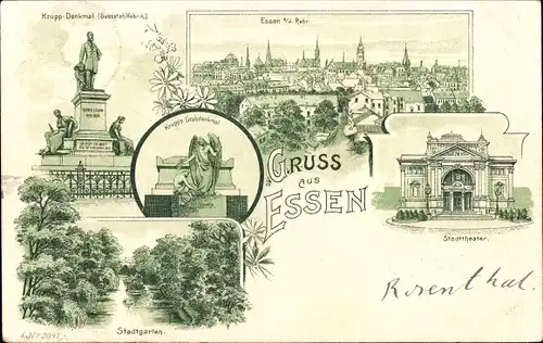 Litho Essen im Ruhrgebiet, Panorama, Kruppdenkmal, Stadttheater, Stadtgarten, Krupp Grabdenkmal