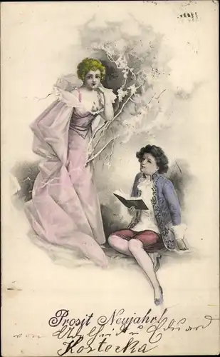 Litho Glückwunsch Neujahr, Liebespaar, Mann liest ein Gedicht vor