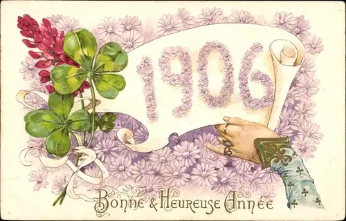 Präge Ak Glückwunsch Neujahr 1906, Glücksklee, Hand, Blumen