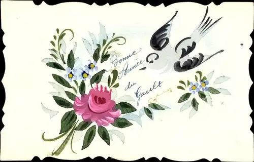Handgemalt Ak Blüten und Vogel, Rose