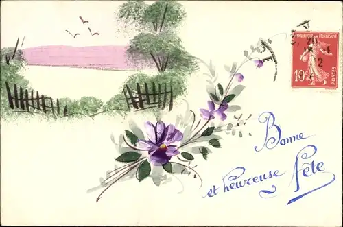 Handgemalt Ak Glückwunsch Geburtstag, Landschaft und lila Blüten