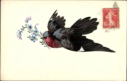 Handgemalt Ak Vogel mit Blumen im Schnabel