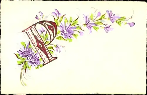 Handgemalt Buchstaben Ak P, lila Blüten