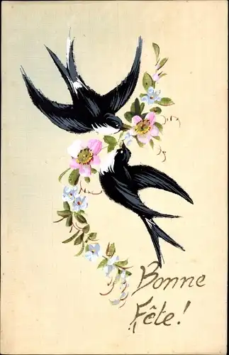 Handgemalt Ak Glückwunsch Geburtstag, Schwalben und Blumen