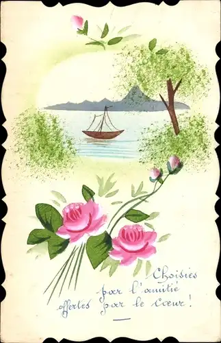 Handgemalt Ak Landschaft mit Boot auf dem Wasser, Rosen