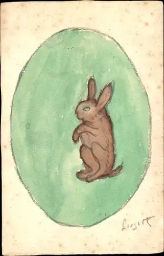 Handgemalt Ak Glückwunsch Ostern, Grünes Osterei und Hase