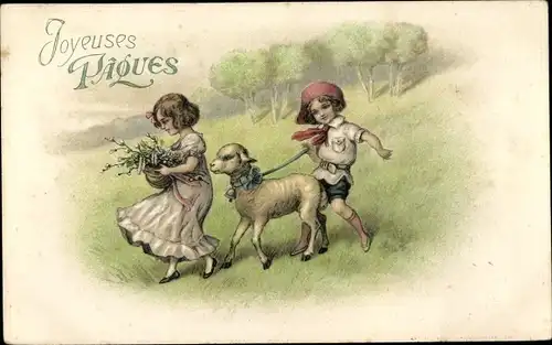 Ak Glückwunsch Ostern, Kinder, Lamm, Wiese